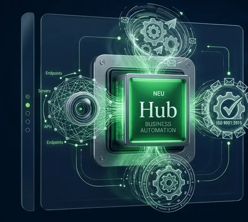 Hub – die zentrale Steuerung: Prozesse, n8n-Workflows und ISO-9001-Qualitätsmanagement.